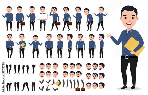 Businessman or male vector character creation set. Professional man holding folder with poses, gestures and emotions isolated in white. Vector illustration.
