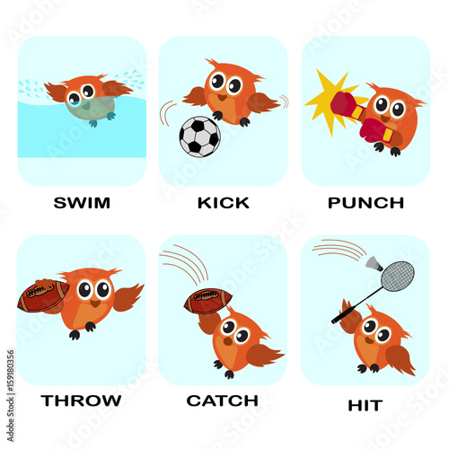 verb word vector background for preschool.verb set (swim kick punch throw catch hit).vector illustration.