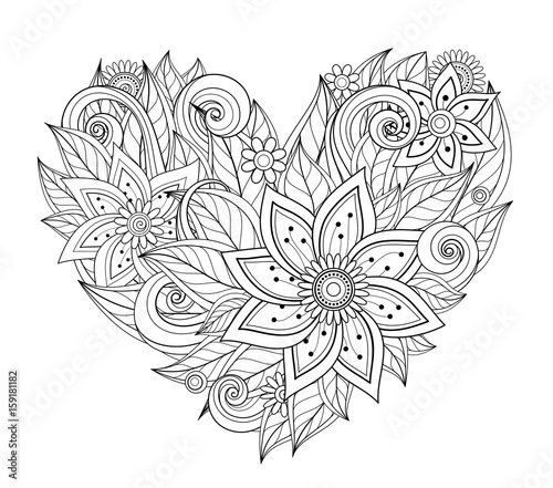 Vector Monochrome Floral Composition in Heart Shape