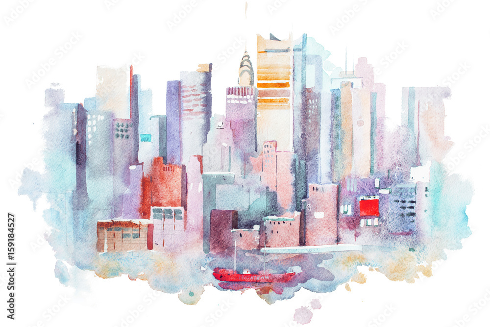 Obraz premium watercolor drawing of New York cityscape, USA. Manhattan aquarelle painting