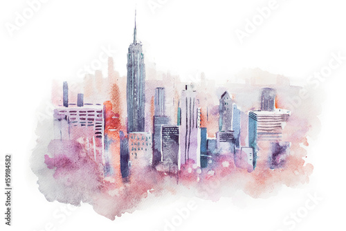 watercolor drawing cityscape big city downtown, aquarelle painting.