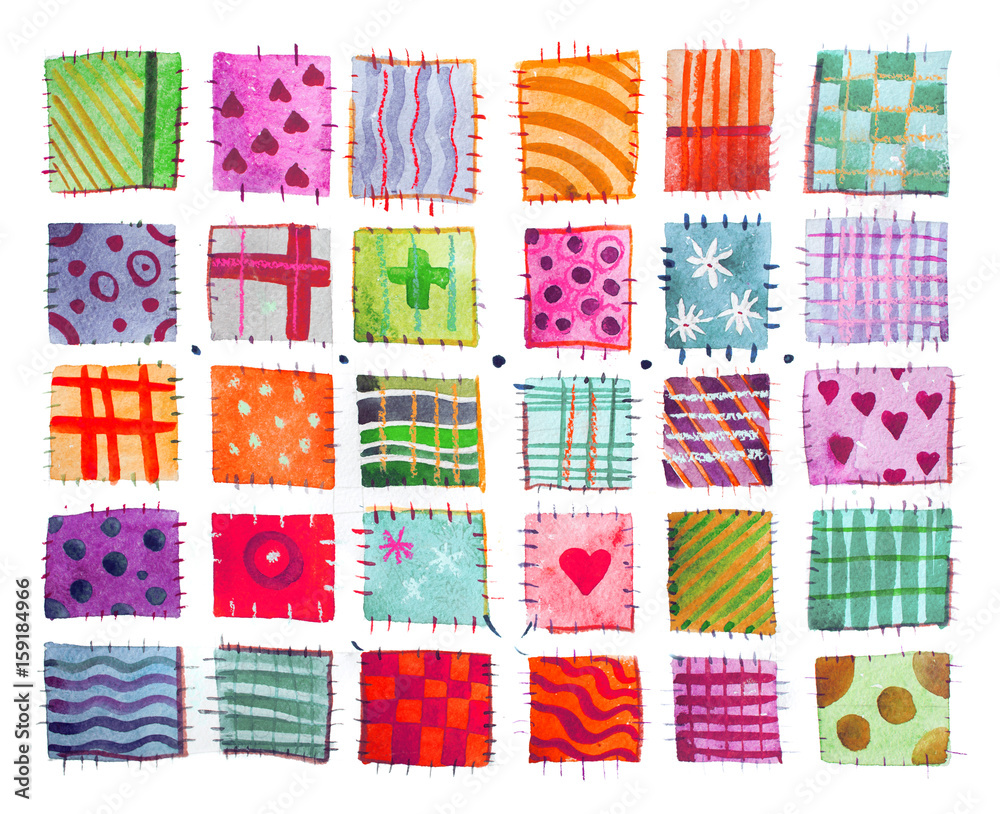 Fototapeta premium Flower print, patchwork, set of colorful prints patterns watercolor drawing