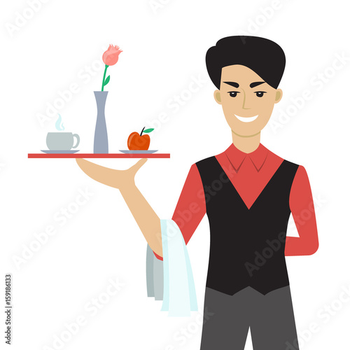 Young attractive man holding a tray with breakfast