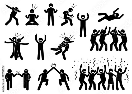 Celebration Poses and Gestures. Artwork depicts people celebrating in various styles such as dabbing, fist pump, chest bump, raising hand, high five, throwing person in the air, and group celebration.