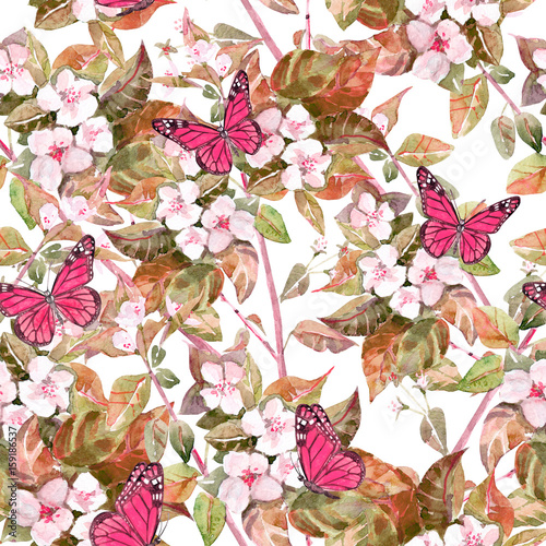 stylish seamless texture with apples blossom and butterflies. watercolor painting © Aloksa