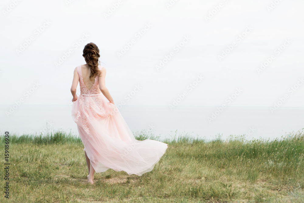 Bride in a long pink wedding dress is standing on the seashore. Dress with an open back. Back view.
