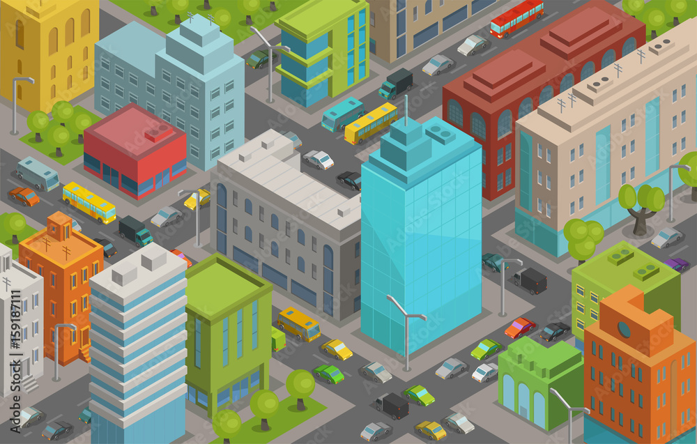 Buildings city streets roads and traffic isometric 3d vector illustration City landscape, top view.