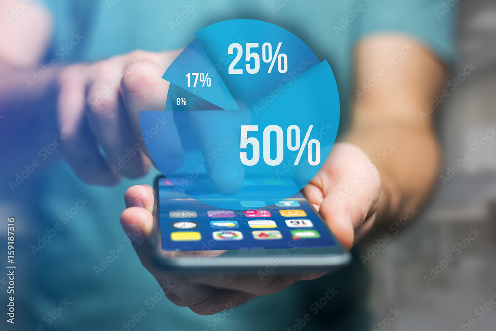 Blue survey graph interface with business theme going out a smartphone - Technology concept Blue survey graph interface with business theme going out a smartphone - Technology concept