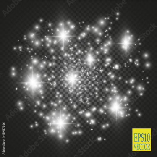 Abstract white bokeh effect explosion with sparks modern design. Glow star burst or firework light effect. Sparkles light vector transparent background. Christmas Concept. Flicker magic effect