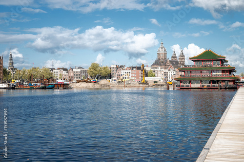 Panoramic view of  urban and historical houses on the  Amsterdam, famous touristic city, Netherlands