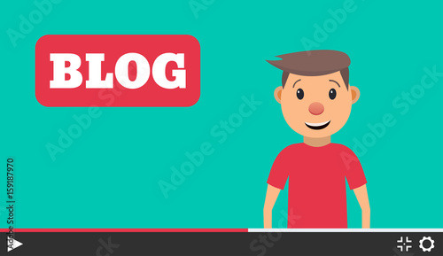 Video blogger concept. Male blogger channel. Computer screen with video player. Vector illustration in flat style