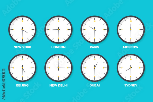 Vector illustration of set time zone clocks