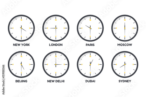 Vector illustration of set time zone clocks