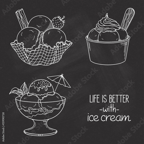 Set of hand drawn ice cream served in glass, waffle and paper bowls over chalkboard texture