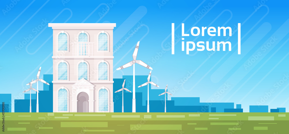 House Building With Wind Turbine Eco Real Estate Energy Efficient Flat Vector Illustration