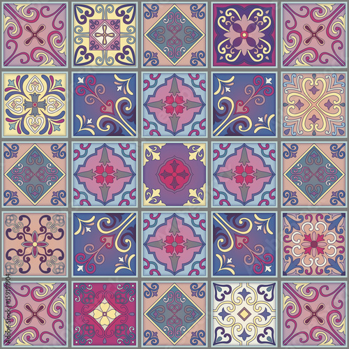Seamless pattern with portuguese tiles in talavera style. Azulejo, moroccan, mexican ornaments.