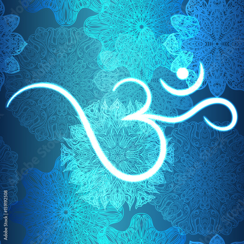 Ornate floral seamless texture, endless pattern with glowing bright mandala elements and ohm symbol