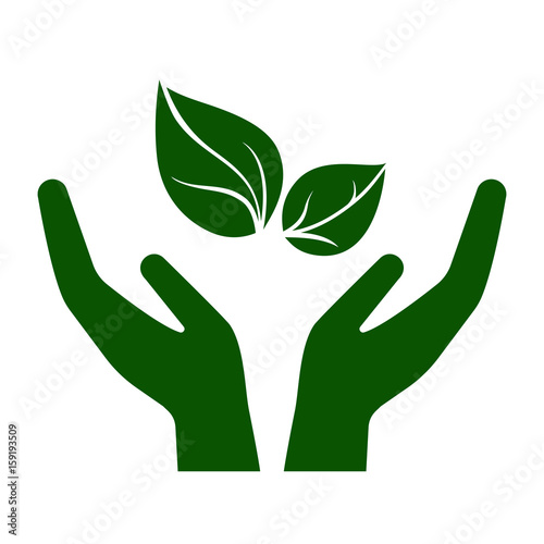 Icon of hands carefully holding green leaves. Symbol of ecology, environmental awareness, nature protection concept. Vector Illustration