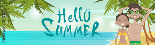 Couple On Beach Hello Summer Vacation Tropical Seaside Ocean View Flat Vector Illustration