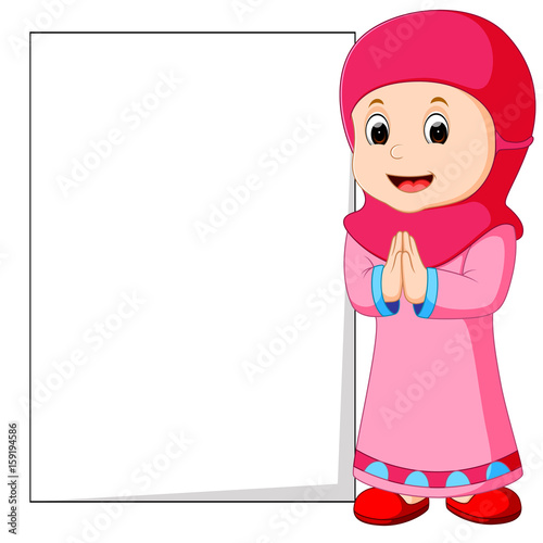 Happy muslim girl cartoon holding blank sign