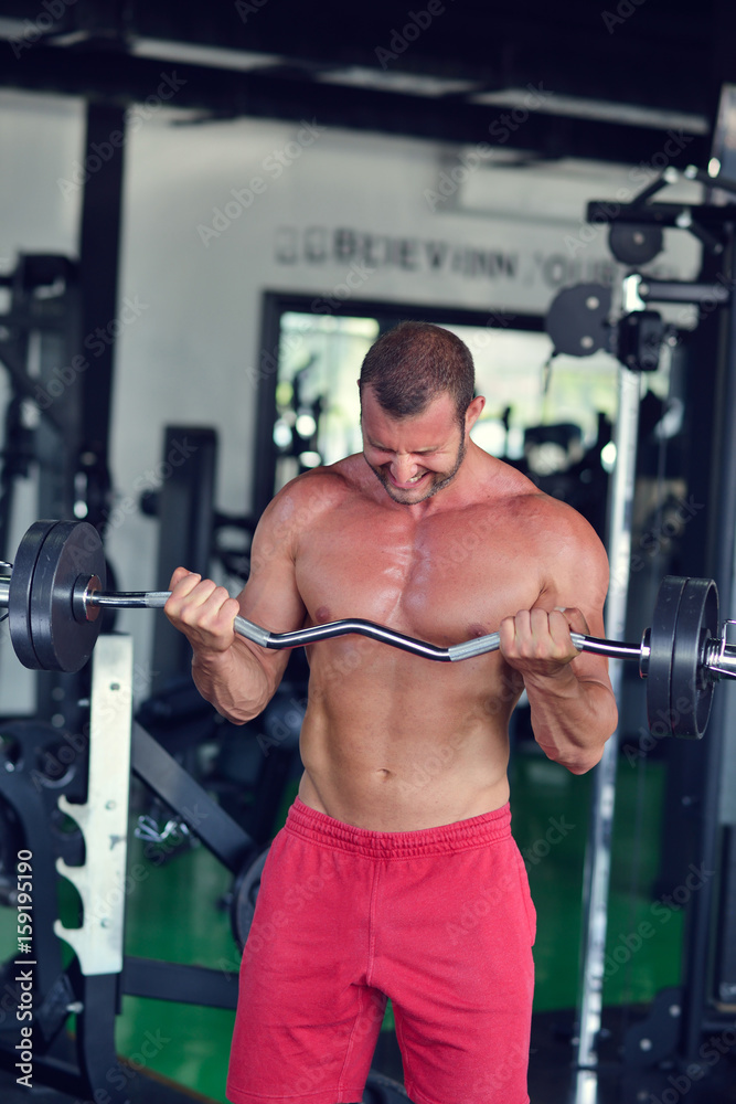 Man at the gym. Man makes exercises with barbell