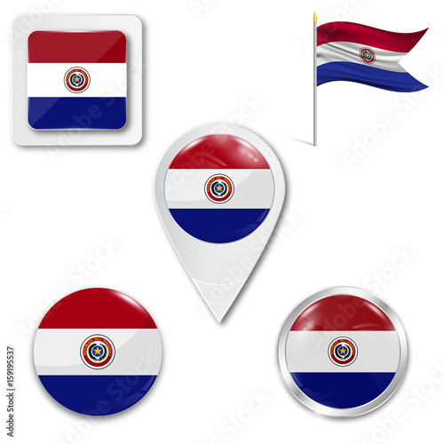 Set of icons of the national flag of Paraguay in different designs on a white background. Realistic vector illustration. Button, pointer and checkbox.