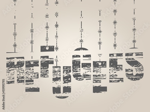 Image relative to migration from africa to european union. Refugees text hanging by barbed wire. Distressed grunge texture
