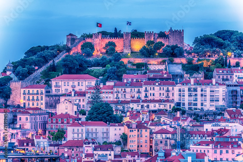 Lisbon, Portugal: aerial view the old town at sunset. Sao Jorge Castle, Castelo de Sao Jorge 