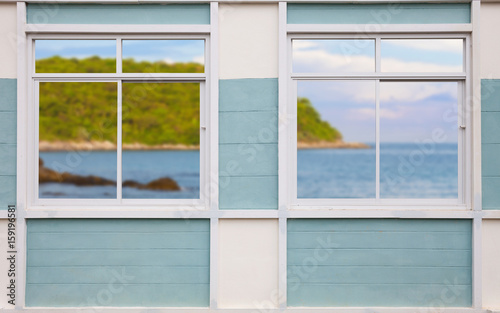 Modern white window blur scenery island and sky background.
