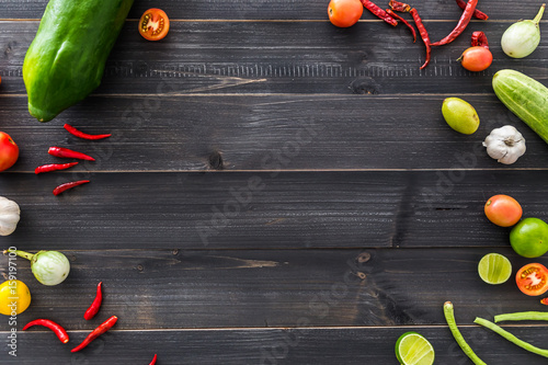 wood background with vegetables, background salad, somtum thai food
