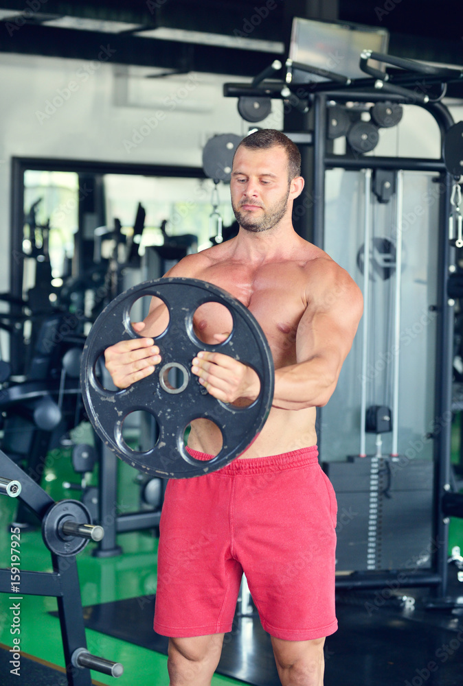 Man at the gym. Man makes exercises with barbell Man at the gym. Man makes exercises with barbell