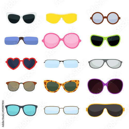 Fashion set sunglasses accessory sun spectacles plastic frame modern eyeglasses vector illustration.