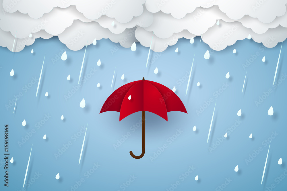 Umbrella with heavy rain , rainy season , paper art style
