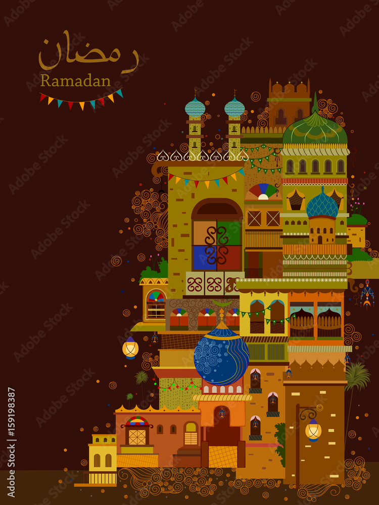 Decorated mosque in Eid Mubarak Happy Eid Ramadan background