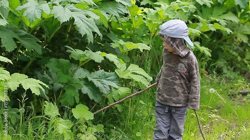 The kid fights grass with sticks