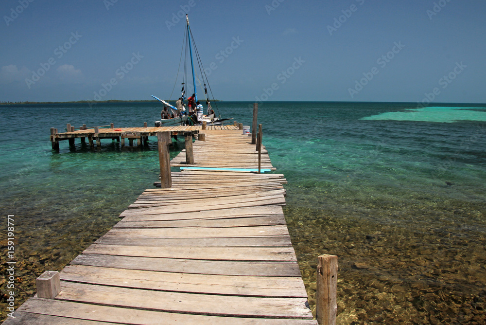 Obraz premium Wooden pier on tropical beach with turquoise water, Tobacco Caye, Belize, Central America