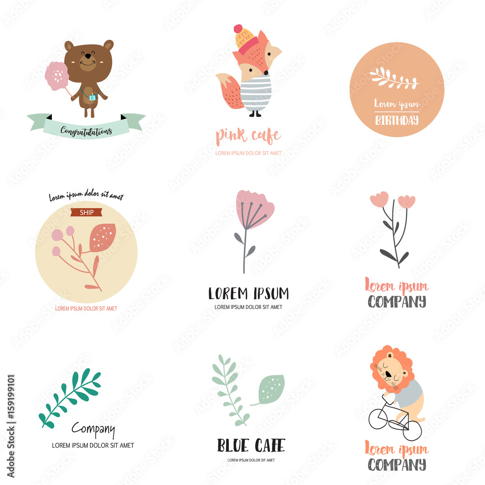 Cute logo design with bear,fox,lion,leaf and flower