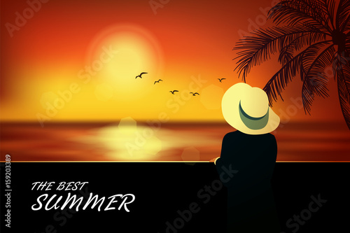 Elegant woman in hat standing on the beach and looking at sea. Summer background, vogue style. Vector illustration