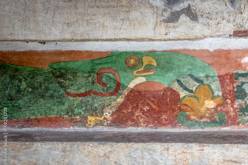 Green birds Mural in the Temple of the Feathered Snails (Templo de los Caracoles Emplumados) at Teotihuacan Ruins - Mexico City, Mexico