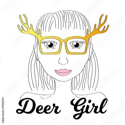 Girl in deer horn glasses. Boho style fashionista girl print. Deerhorn thin line vector illustration.