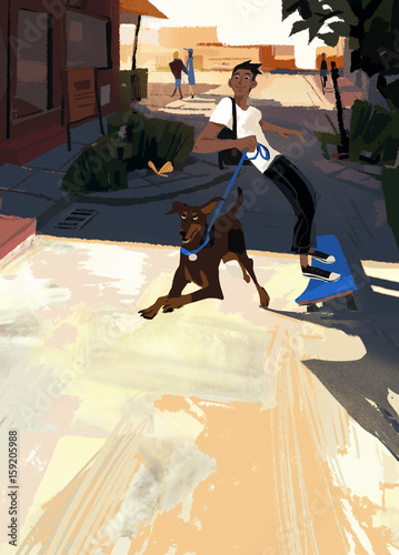 Dog dragging skater boy