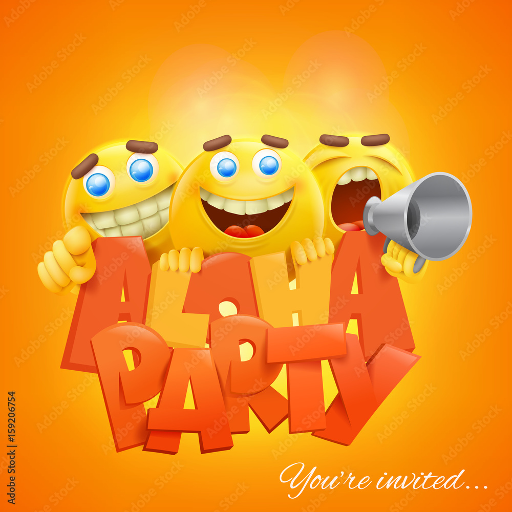 Aloha party banner template with yellow emoji smiley faces characters Aloha party banner template with yellow emoji smiley faces characters