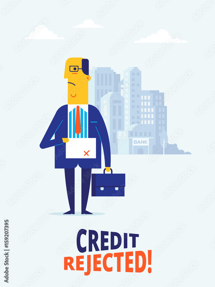 Vector flat design illustration of bank applicant who ireceive credit rejection. Interesting concept for bank credit policy Vector flat design illustration of bank applicant who ireceive credit rejection. Interesting concept for bank credit policy