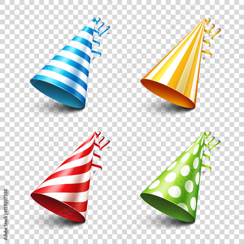 Party shiny hat with ribbon. Holiday decoration.Celebration.Birthday.Vector illustration on transparent background. Set.