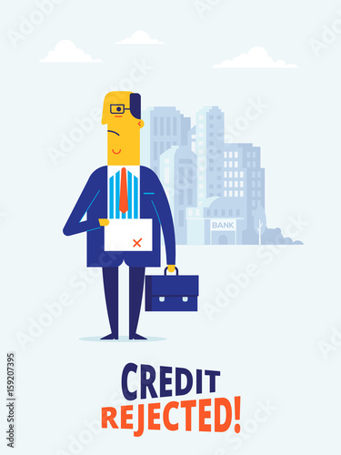 Vector flat design illustration of bank applicant who ireceive credit rejection. Interesting concept for bank credit policy