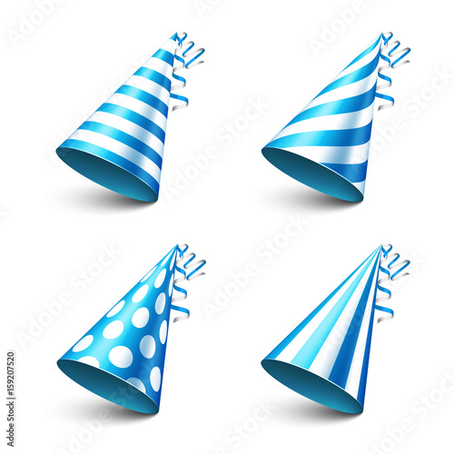 Party shiny hat with ribbon. Holiday decoration.Celebration.Birthday.Vector illustration on white background. Set.