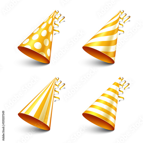 Party shiny hat with ribbon. Holiday decoration.Celebration.Birthday.Vector illustration on white background. Set.