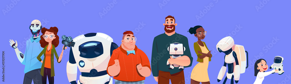 People Group Using Modern Robots, Robotic Assistance Artificial Intelligence Concept Flat Vector Illustration