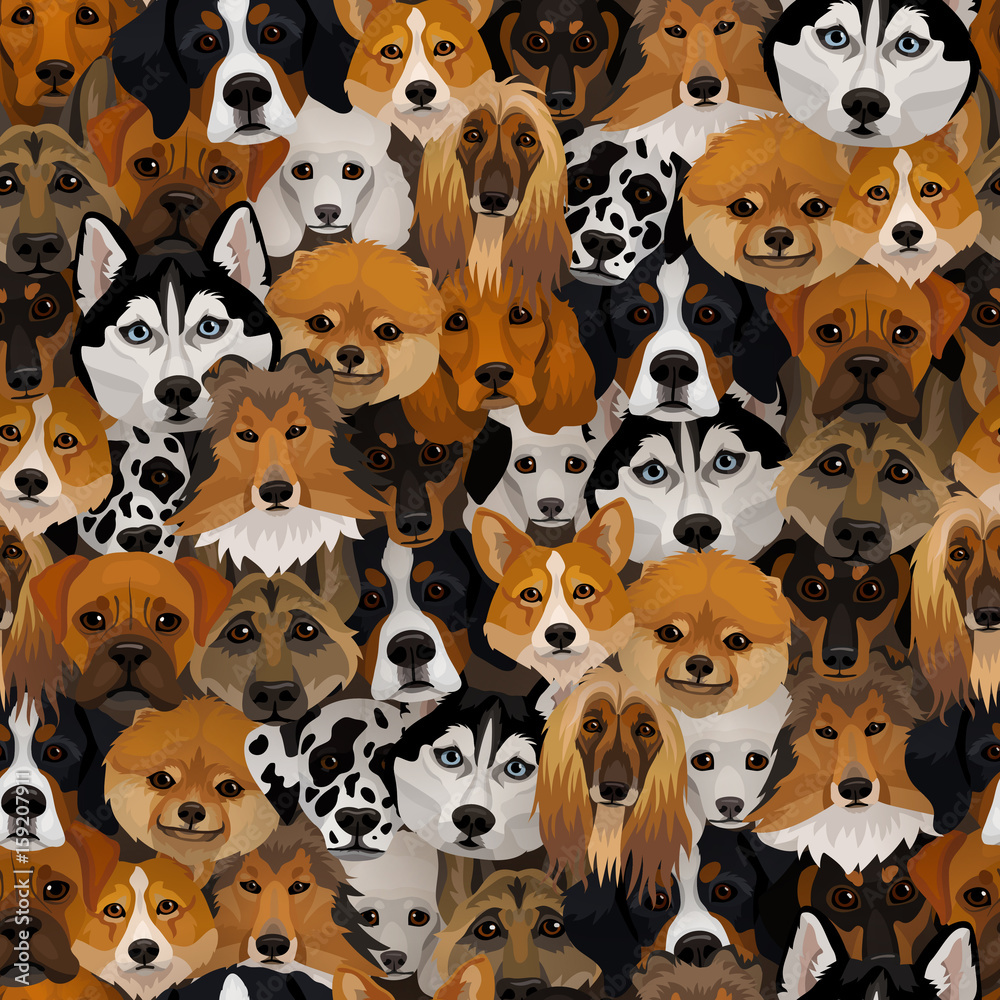 Fototapeta premium Vector dogs different breeds seamless pattern symbol of 2018 new year fabric or wrapping paper design texture