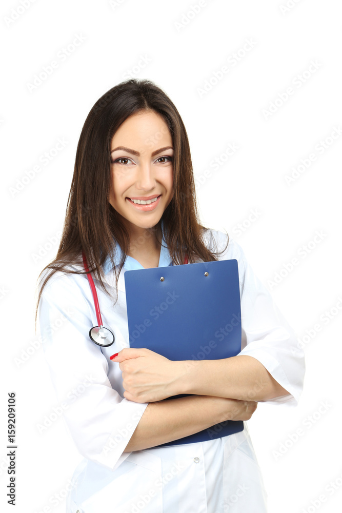 Portrait of young medical doctor with clipboard on a white background Portrait of young medical doctor with clipboard on a white background